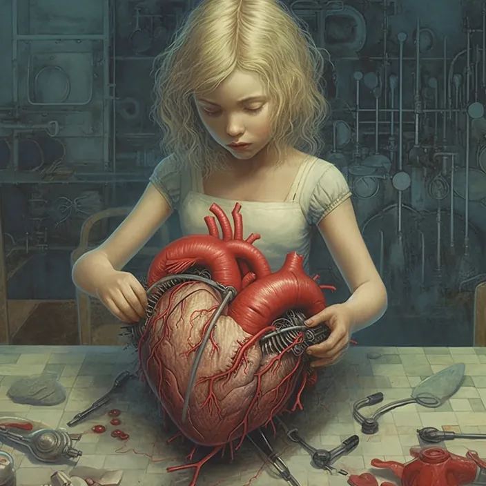 a painting of a little girl holding a heart