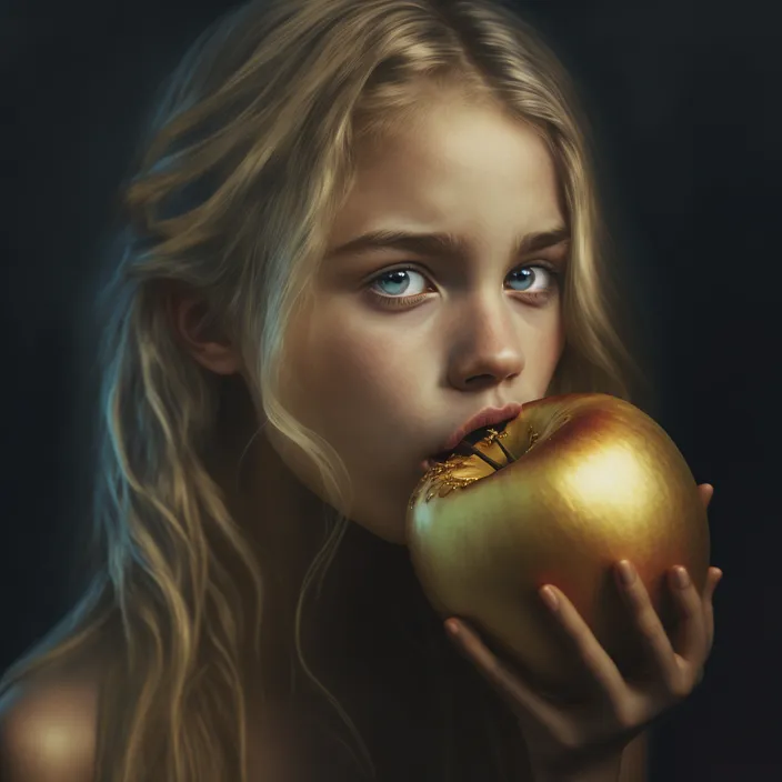 a painting of a girl eating an apple