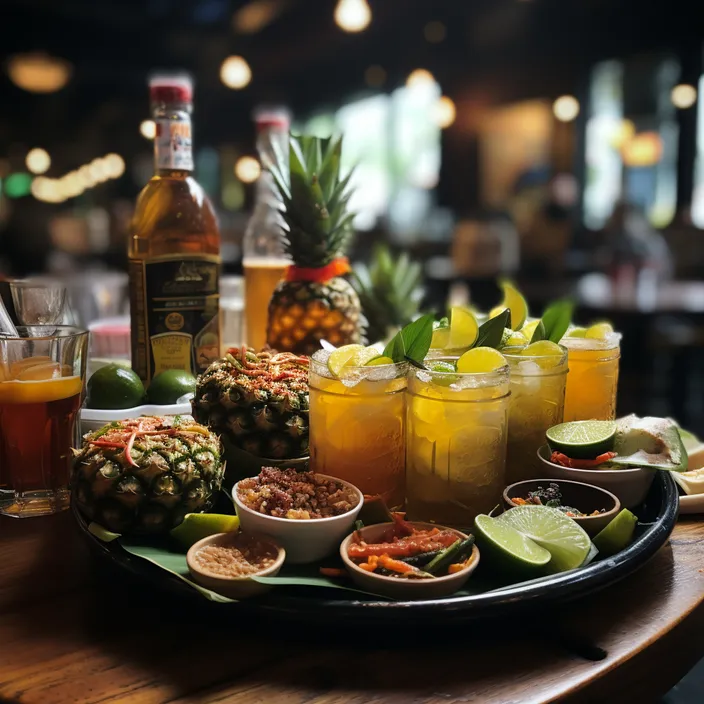 a tray of food and drinks on a table