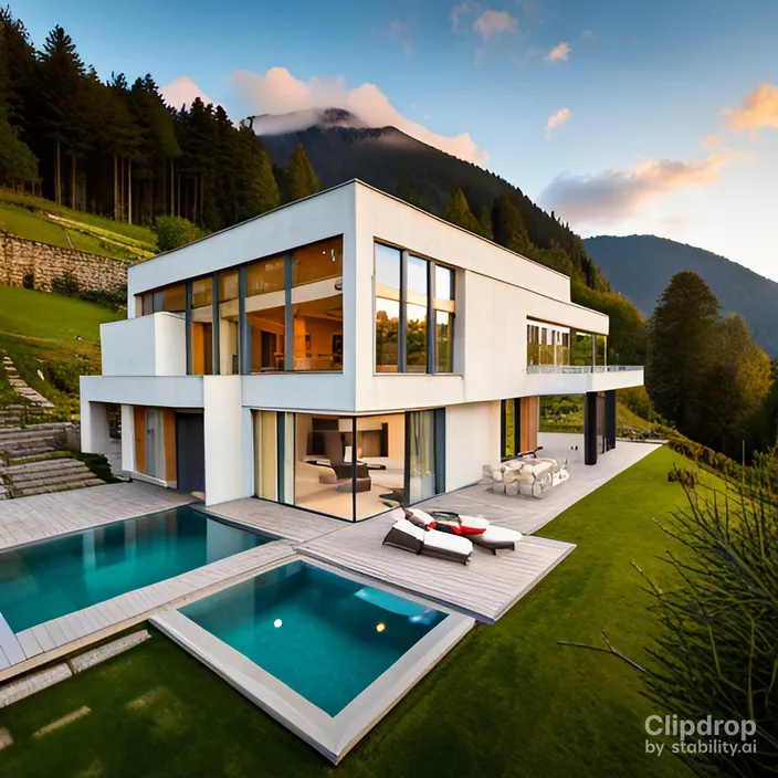 fantastic architecture of a night view of a modern house with a swimming pool in front of it. neon lights in the night