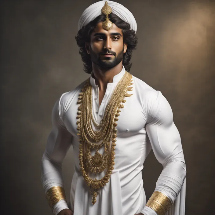 a man dressed in a white outfit and gold jewelry