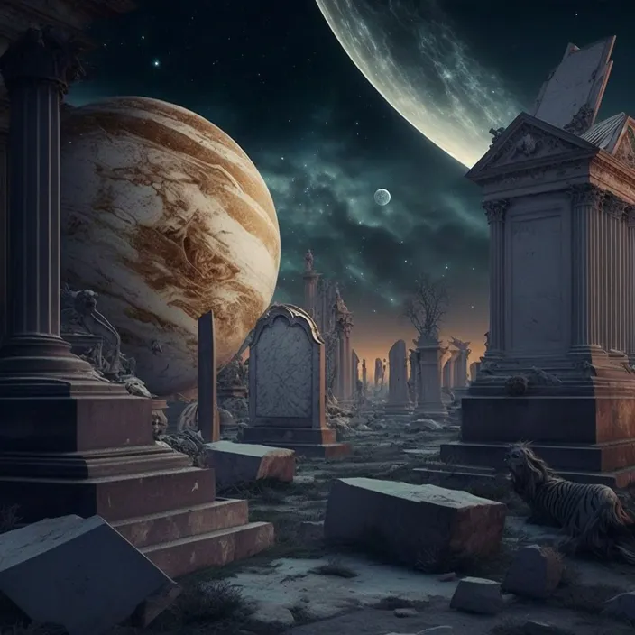 a group of tombstones in a graveyard with planets in the background