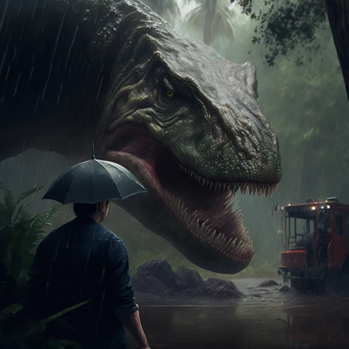 a man holding an umbrella standing next to a dinosaur