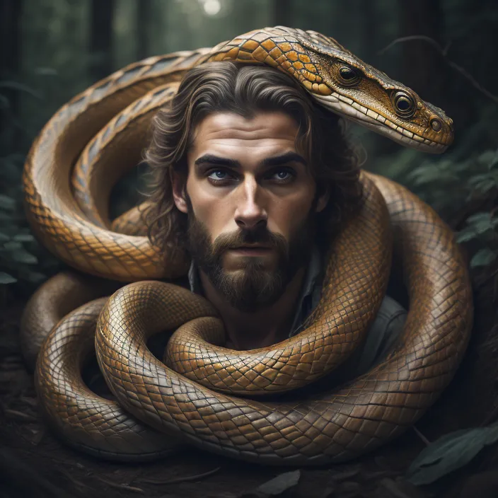 a man with a beard and a snake on his head