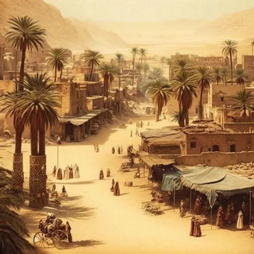 a painting of a desert town with palm trees