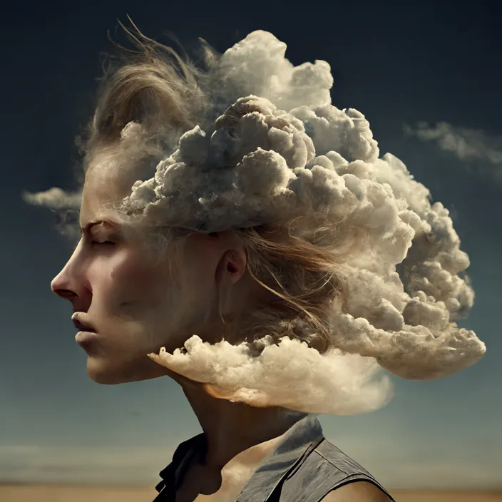 a woman with a cloud of smoke over her head