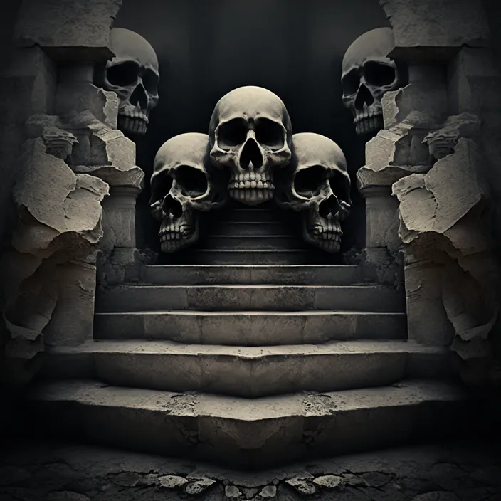 a group of skulls sitting on top of a set of stairs