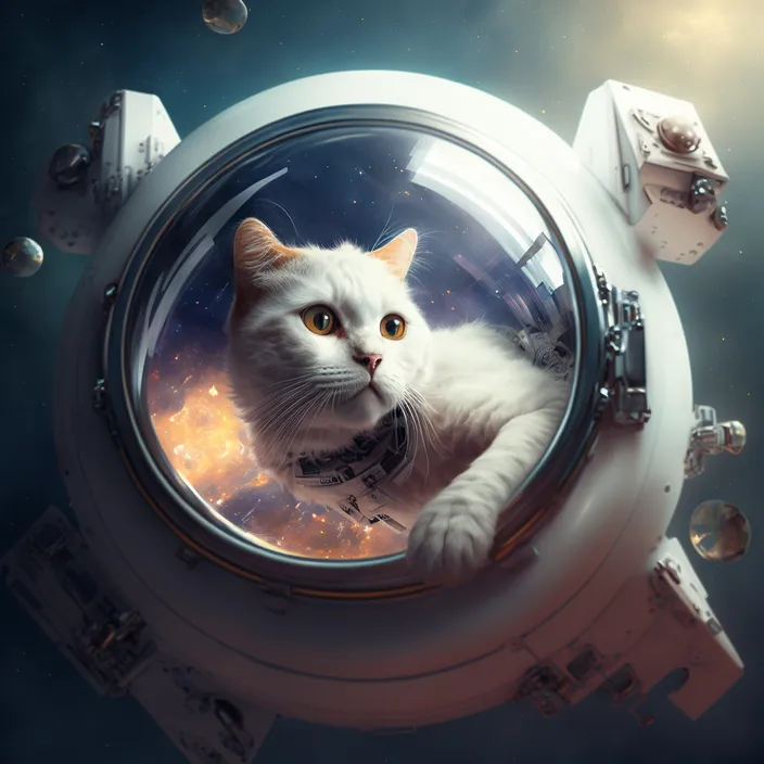 a white cat sitting inside of a space station