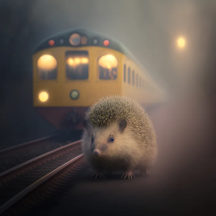 a hedgehog sitting on a train track next to a yellow train