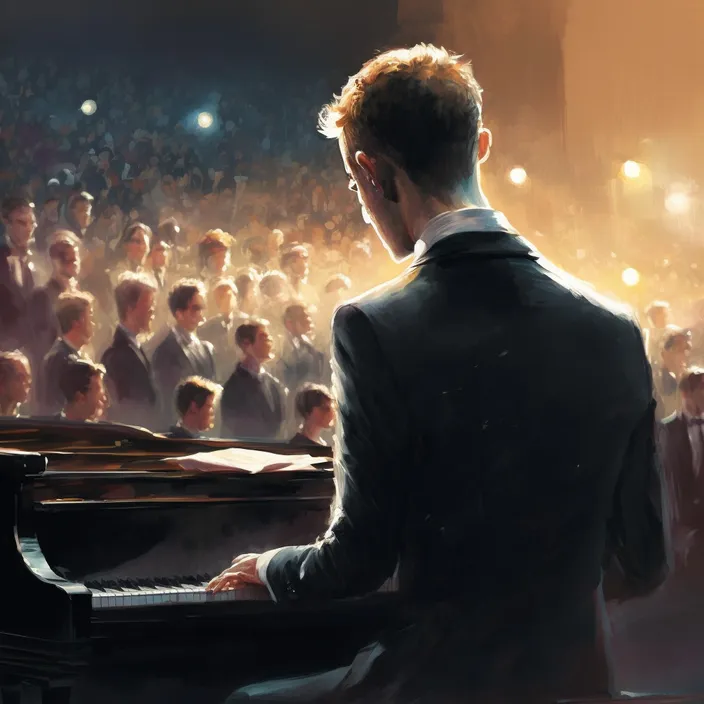 a man sitting at a piano in front of a crowd of people