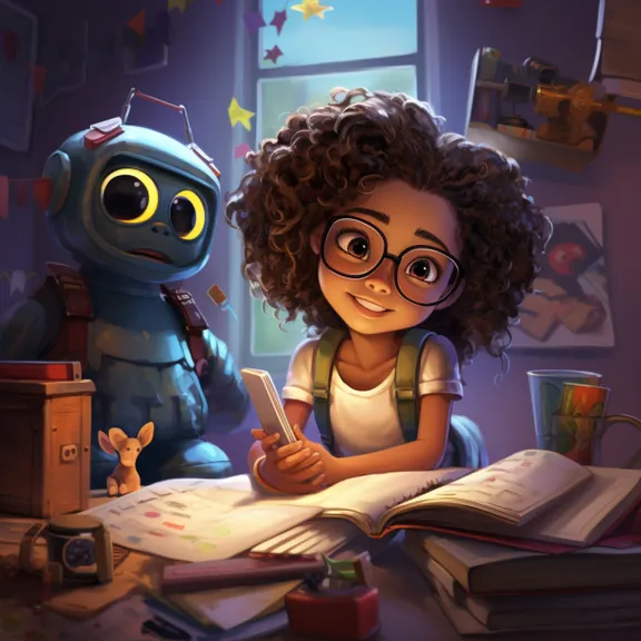 a little girl sitting at a desk with a robot next to her