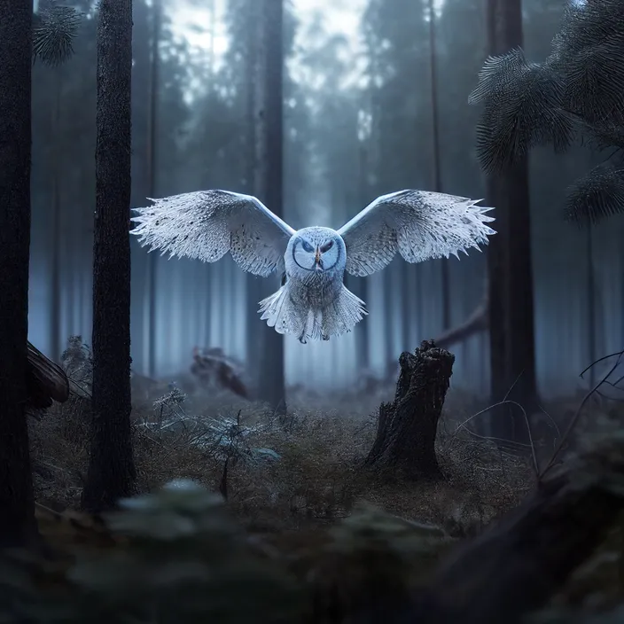 an owl flying through a forest filled with trees