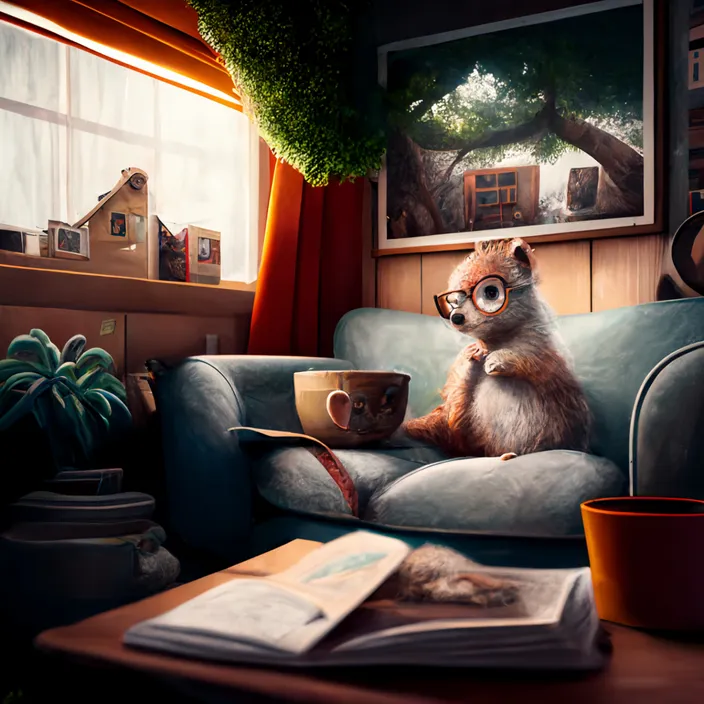 a cat sitting on a couch with a cup of coffee