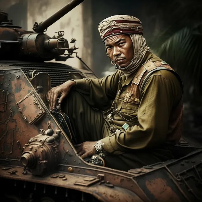 a man in a turban sitting on top of a tank