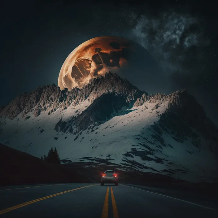 a car driving down a road under a full moon