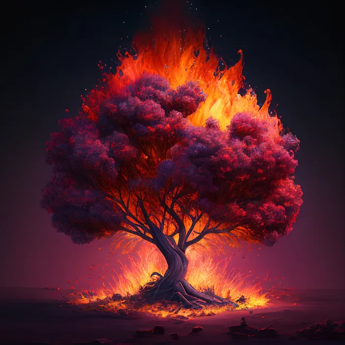 a painting of a tree on fire