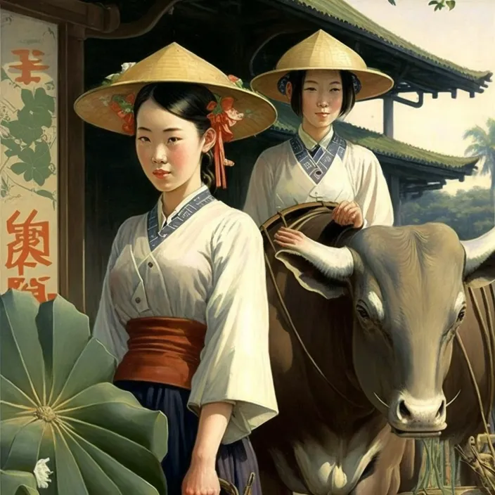 a painting of two asian women with a cow