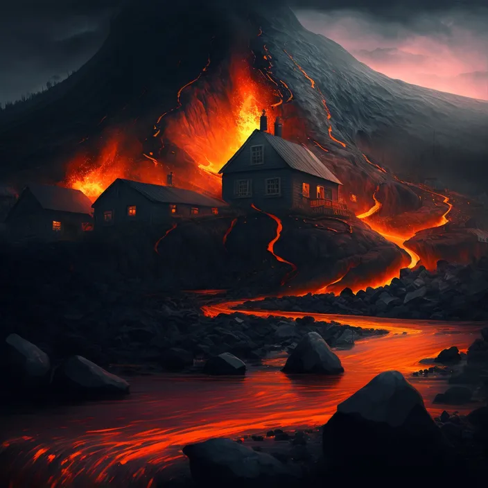 a painting of a house on fire with a mountain in the background