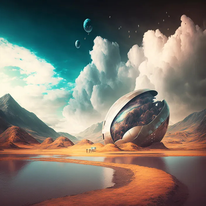 a futuristic landscape with a large round object in the middle of a body of water