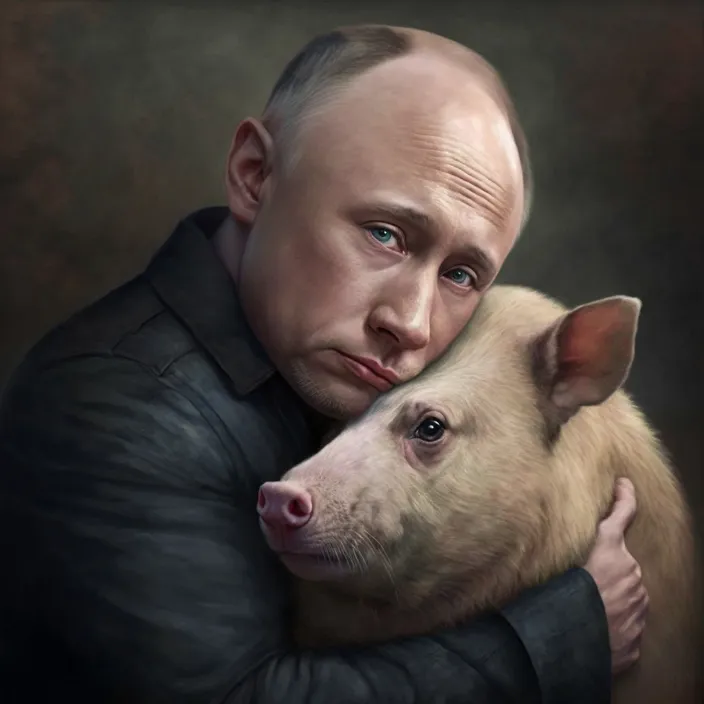 a painting of a man hugging a pig