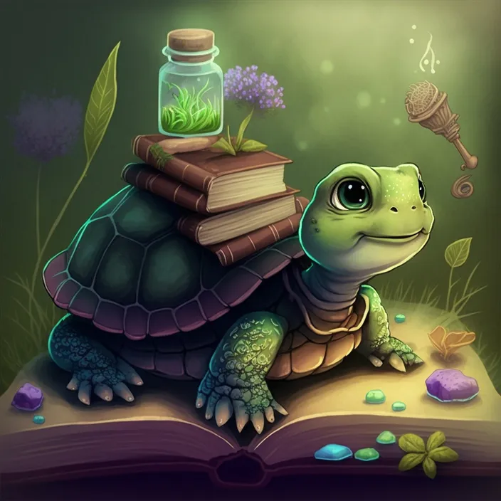 a turtle sitting on top of an open book