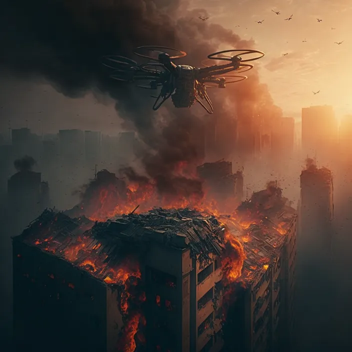 a bird flying over a fire in a city