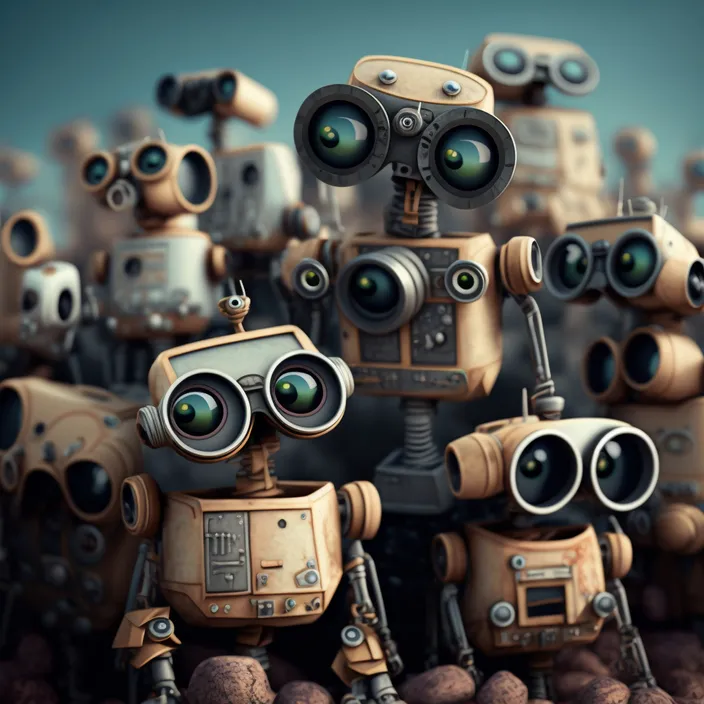 a group of little robot standing next to each other