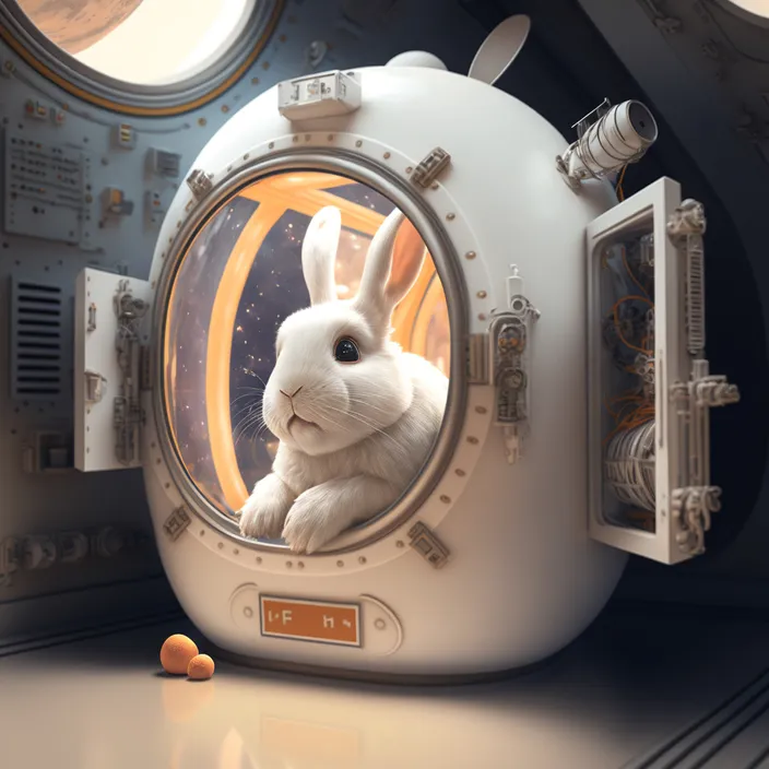 a white rabbit sitting inside of a space station