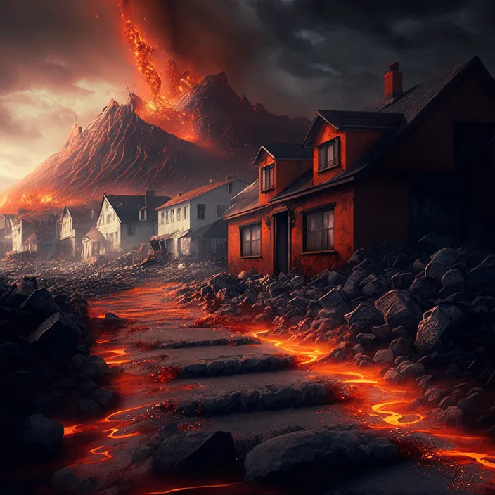 a painting of a house on fire with a mountain in the background