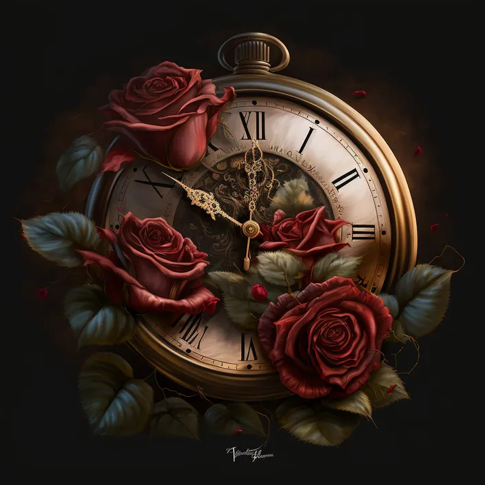 a painting of a clock with roses on it