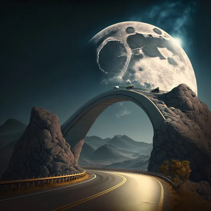 a full moon over a mountain road with a bridge