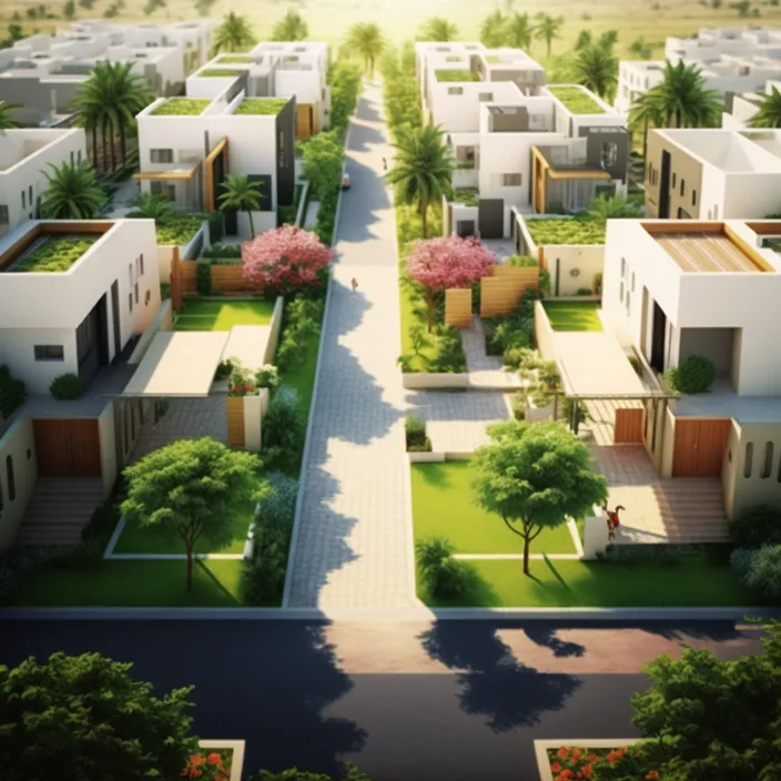 an aerial view of a residential area with trees and bushes