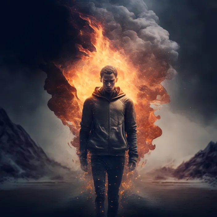 a man standing in front of a fire filled sky