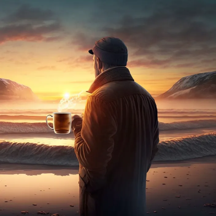 a man standing on a beach holding a cup of coffee