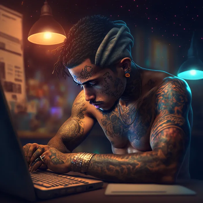 a man with tattoos sitting in front of a laptop