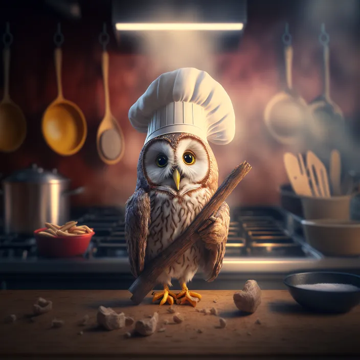 an owl wearing a chef's hat and holding a stick