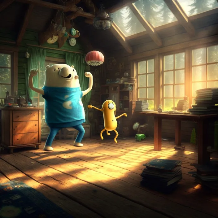 a cartoon character playing with a ball in a room