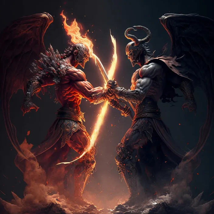 two demonic men fighting with each other on a dark background