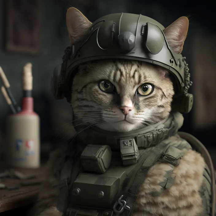 a cat wearing a military outfit and helmet