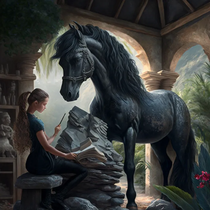 a woman sitting on a bench next to a horse