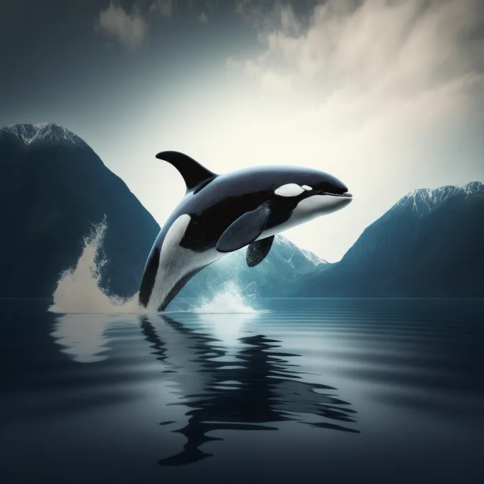 a black and white orca jumping out of the water