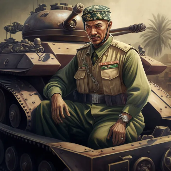 a painting of a man sitting on top of a tank