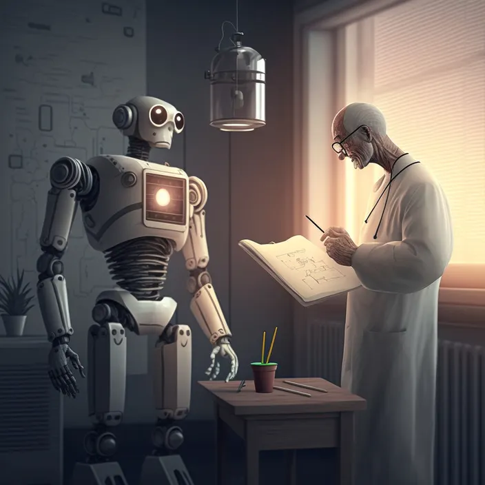 a robot and a man are looking at a piece of paper