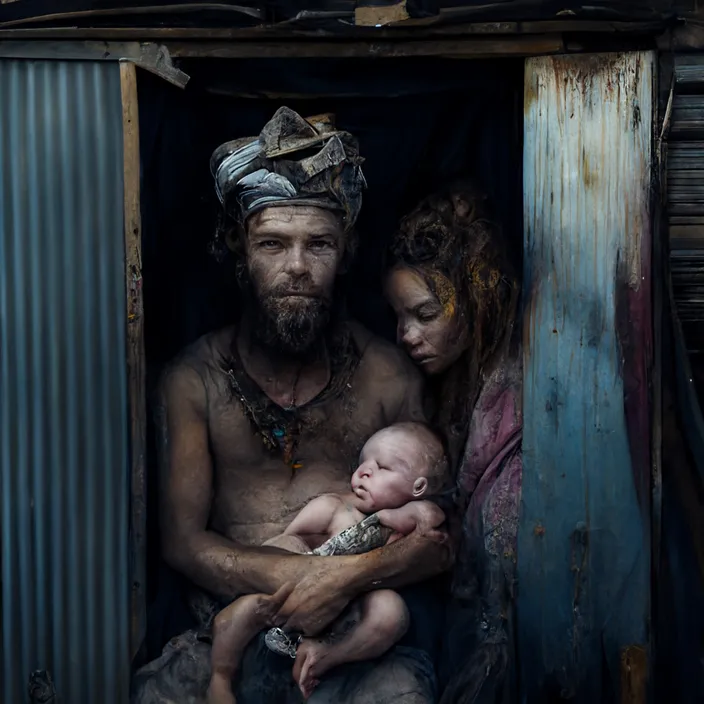 a man and woman holding a baby in a shack