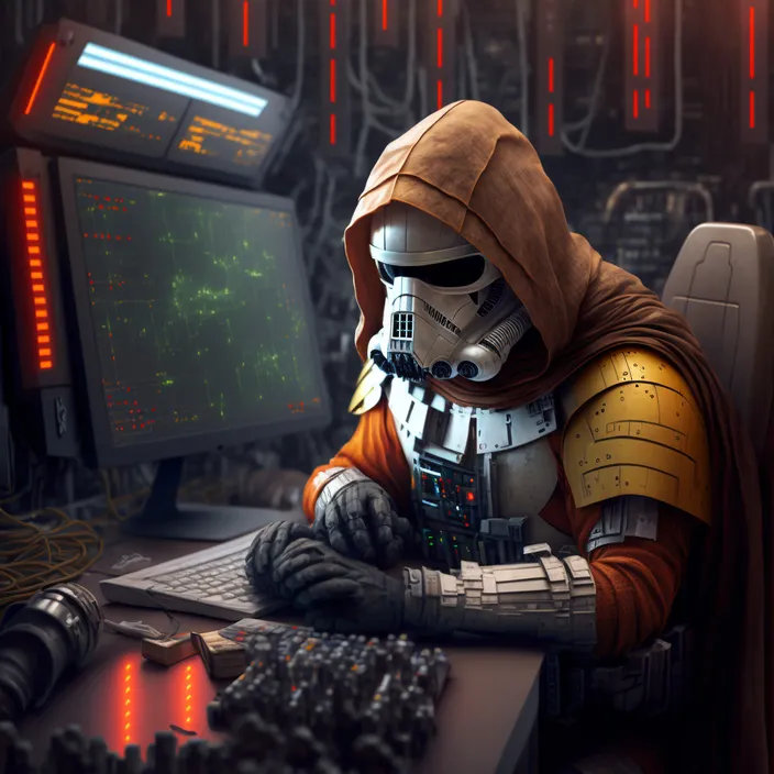 a star wars character sitting in front of a computer