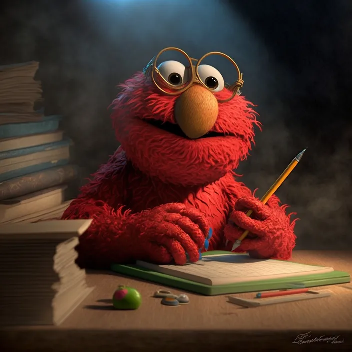 a cartoon character is sitting at a desk with books and a pencil