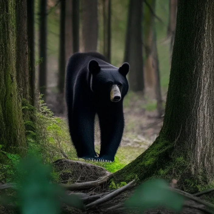 a large black bear walking through a forest