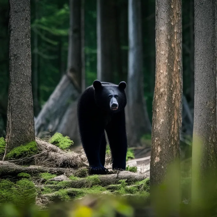 a large black bear walking through a forest