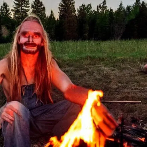 a man with long hair sitting in front of a fire