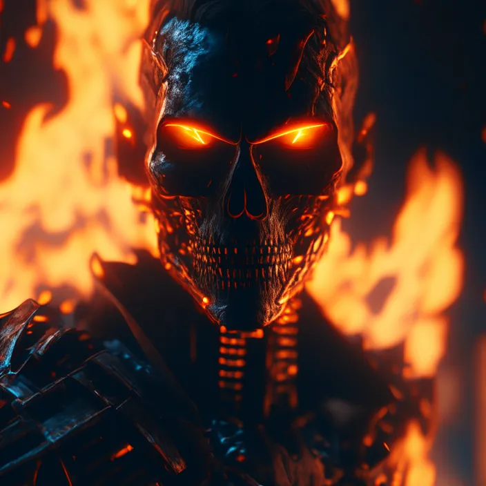 a skeleton with glowing eyes standing in front of a fire